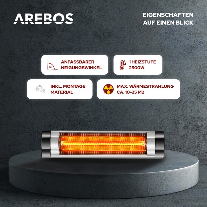 Immagine prodotto Arebos Riscaldatore radiante a infrarossi 2500W - Argento (2500 W)