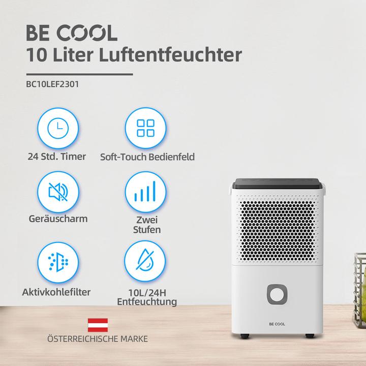 Produktbild Be Cool BC10LEF2301 Luftentfeuchter 15m² 240W 10 l/Tag Weiss, Grau (15 m², 10 l/24h)