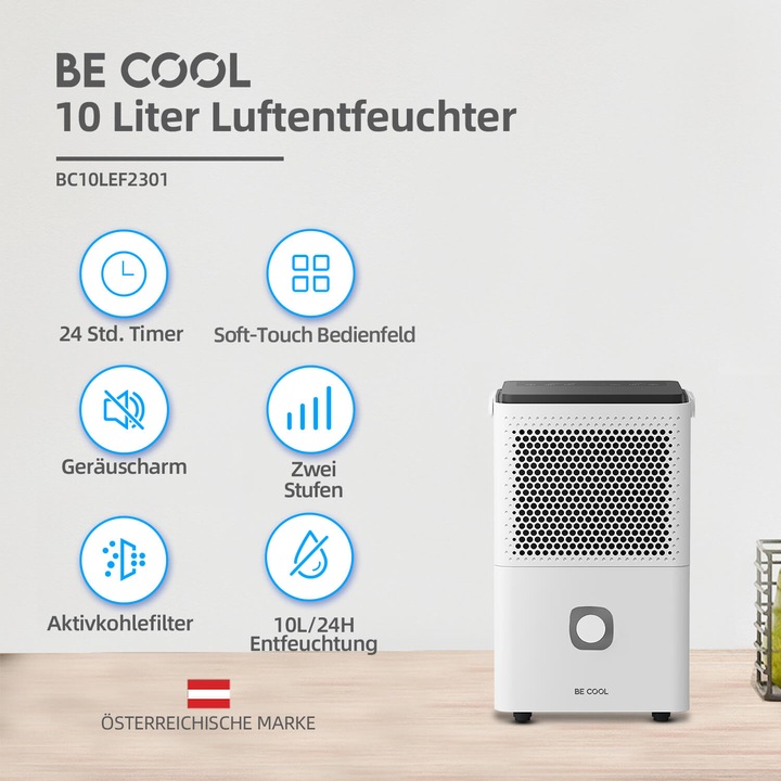 Actual product image Be Cool BC10LEF2301 Dehumidifier 15m² 240W 10 l/day White, grey (15 m², 10 l/24h)