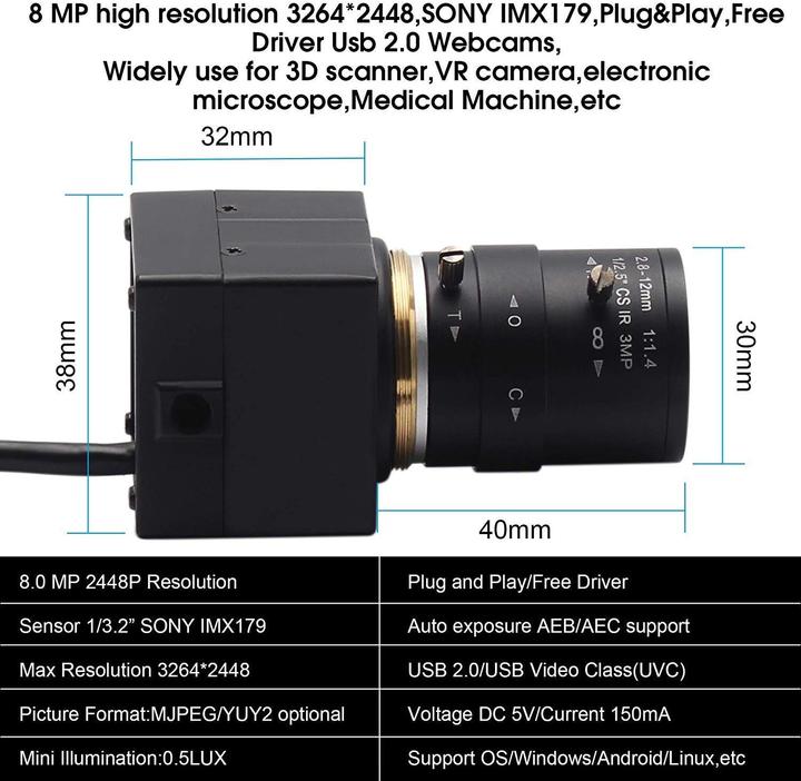 Actual product image ELP 8MP Zoom-Webkamera mit variablem Fokus (8 Mpx)