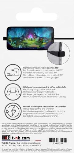 Produktbild T'nB CÂBLE USB TYPE C - LIGHTNING M/M 2M COUDÉ 180° (NOIR) (1 m)