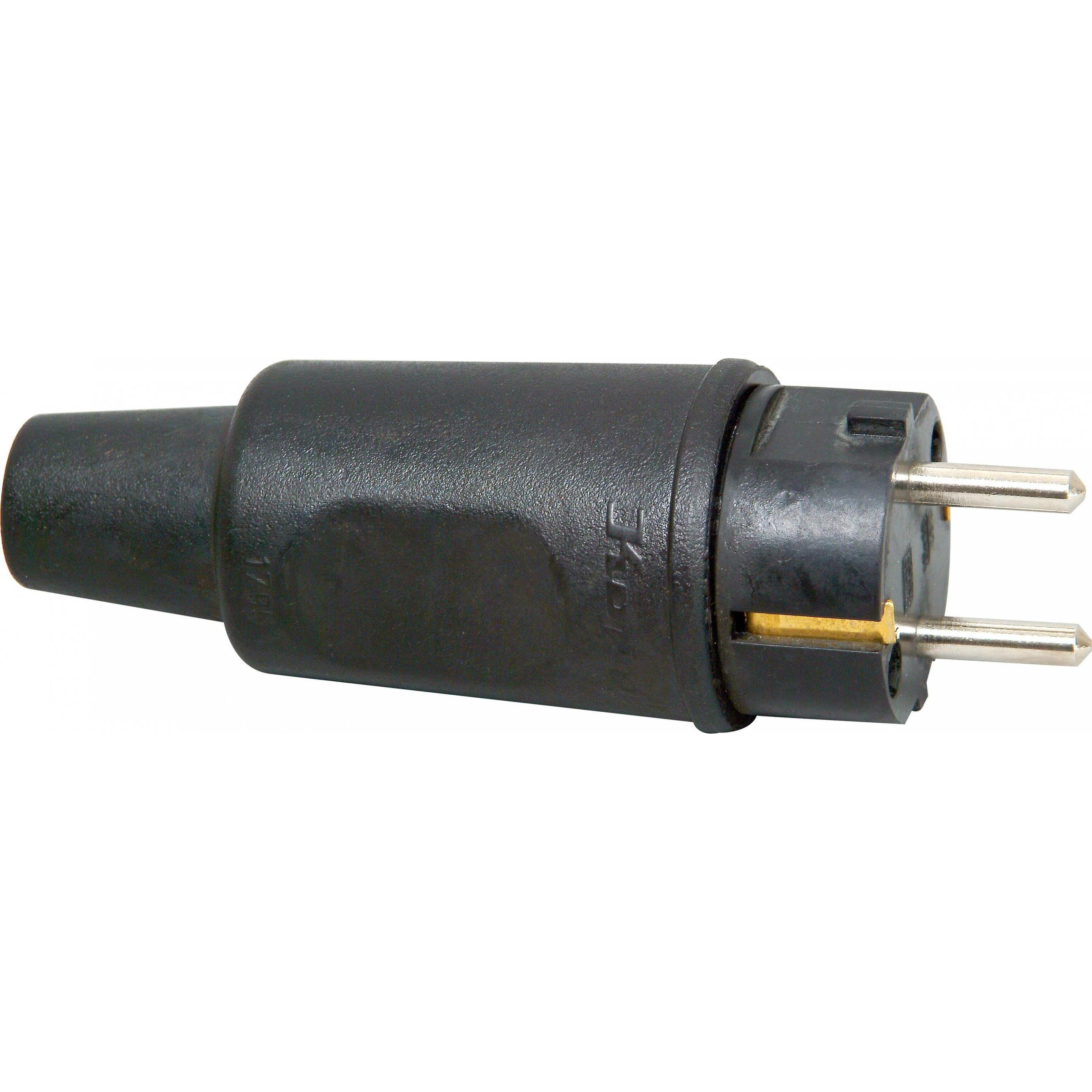 Kopp, Netzstecker + Netzkupplung, Gummi-Schutzkontaktstecker schwarz, IP44, bruchfest, gerade (CEE 7/4)