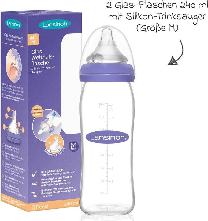 Actual product image Lansinoh Babyflaschen Glas-Flasche 2er Pack 240ml mit NaturalWave® Trinksauger (240 ml)