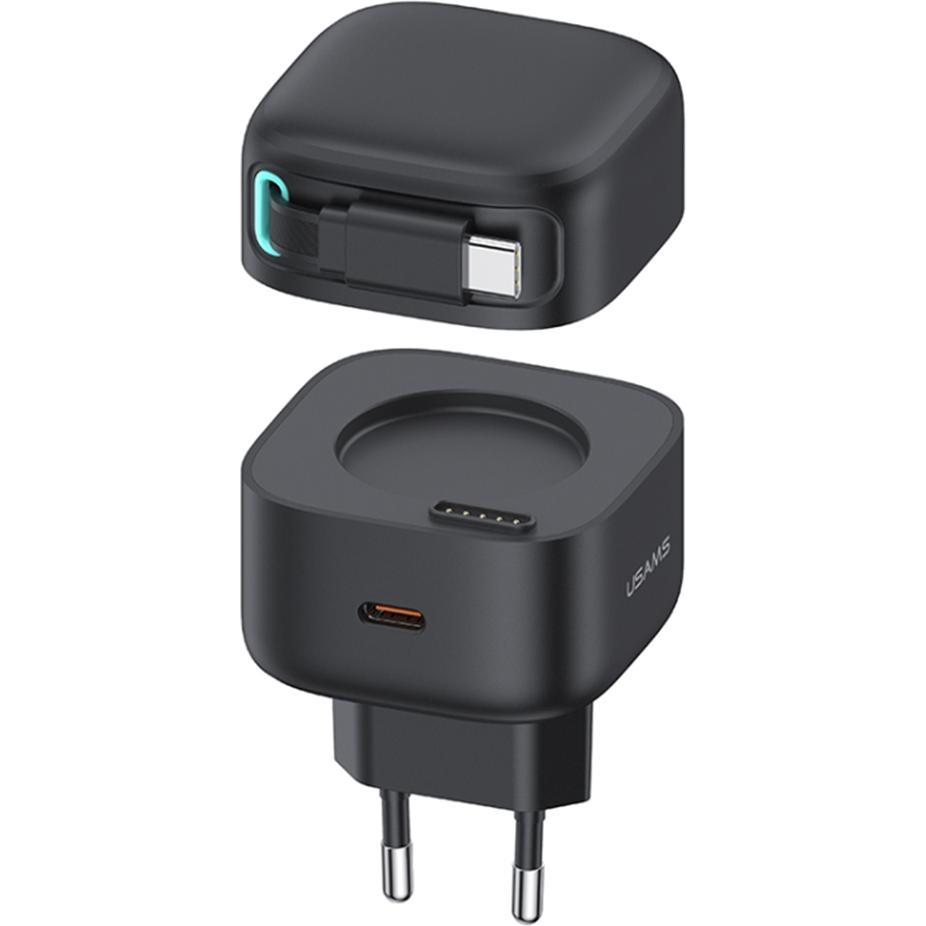 Usams Ład. siec. 1xUSB-C ze zwijanym kablem USB-C (only head) PD+QC 35W Gan Fast Charging czarny/bla (35 W), USB Ladeger...