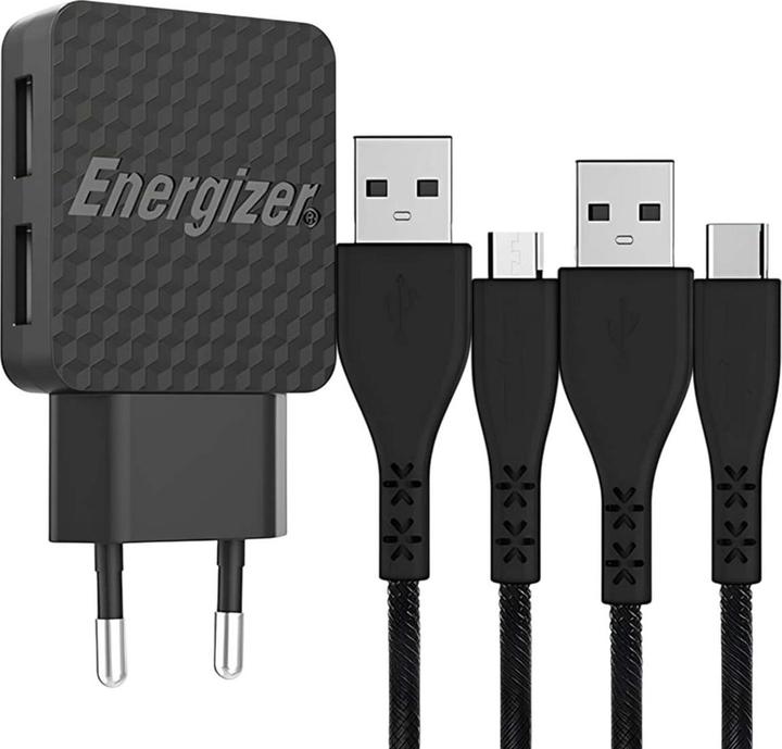 Productafbeelding Energizer Levenslange Muurlader USB-C + Micro-USB Kabel (2m) zwart (12 W, 2 ports)