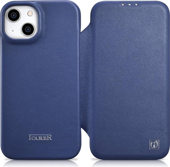 Actual product image iCarer CE Premium Leather Folio Case for iPhone 14 Plus Magnetic Flip Leather Folio Case MagSafe Blu (Apple iPhone 14 Plus)