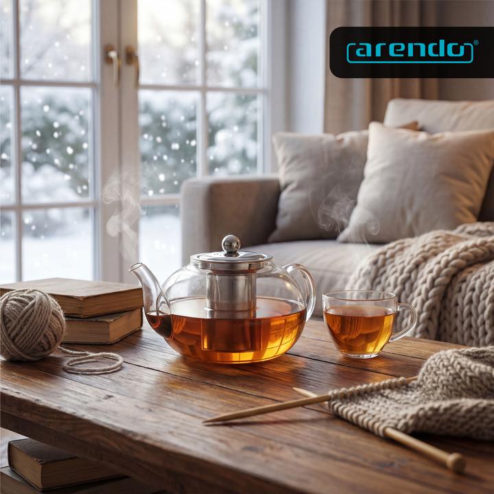 Produktbild Arendo Teekanne Glas Teebereiter mit Stövchen & Sieb für losen Tee, 1,2l, Borosilikatglas, Hitzebeständig (1.20 l)