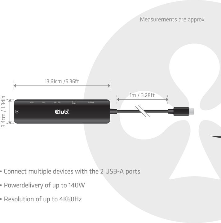 Image du produit Club 3D Club3D hub USB-C, 7-in-1 hub s 2x USB, 1xHDMI, 1xUSB-C PD, RJ45, microSD/SD, 140W, 4K60Hz (USB-C, 7 ports)