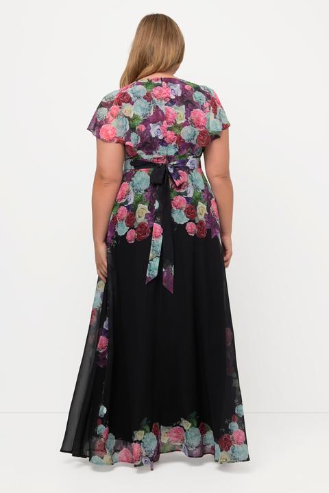 Image du produit Ulla Popken Robe maxi en mousseline à fleurs. Décolleté en V, manches courtes. (46)