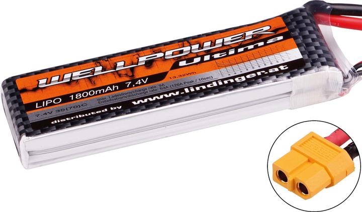Actual product image Wellpower lipo battery ultima 1800 mah / 7.4 volt 2s 35/70c ch5/8 xt-60 (7.40 V, 1800 mAh)