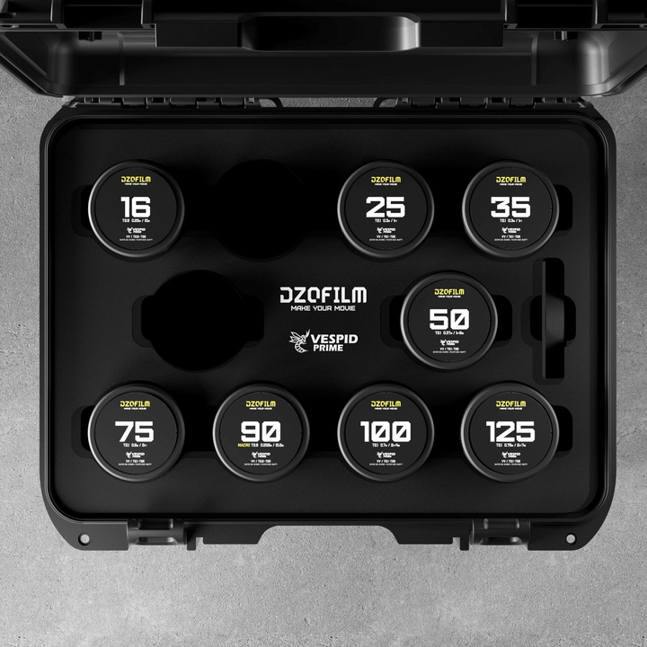 Immagine prodotto Dzofilm Kit 8 lenti Vespid Prime (16 T2.8 + 25/35/50/75/100/125 T2.1 + Macro 90 T2.8) metriche (L-mount, Full-frame)