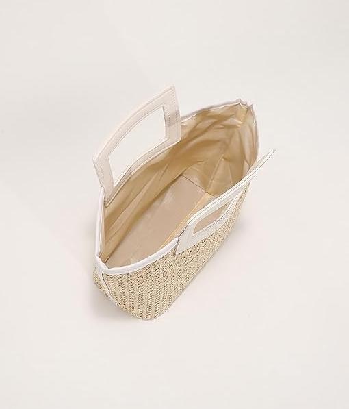 Produktbild Only-Bags.Store Stroh gewebt Handtasche, Boho Style Tote Bag, Sommer Tasche für Frauen, Stroh Kontrast Handtasche