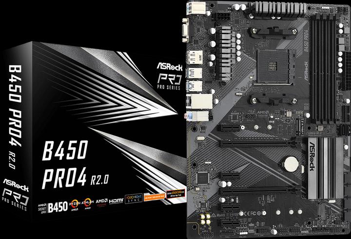 Productafbeelding AsRock B450 Pro4 R2.0 - Moederbord - ATX - Socket AM4 - AMD B450 - USB-C Gen2, USB 3.2 (AM4, AMD B450, ATX)