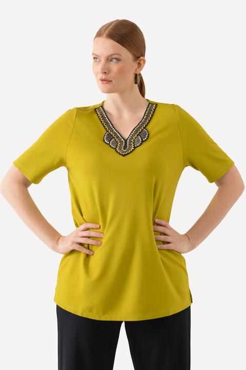 Image du produit Ulla Popken T-shirt avec broderies, silhouette en A évasée, col tunisien et manches courtes (50, 52)