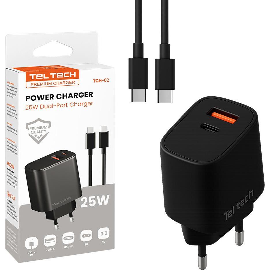 Teltech 25W WANDLADEGERÄT USB+TYPE-C + TYPE-C/TYPE-C PD-KABEL SCHWARZ TCH-02 (25 W), Caricatore USB, Nero