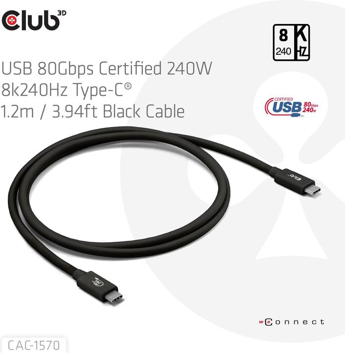 Produktbild Club 3D Club3D Kabel USB C zertifi. PD240W/4K540Hz/80Gbps 1,2m St/St retail (1.20 m, USB 4.0, 240 W)