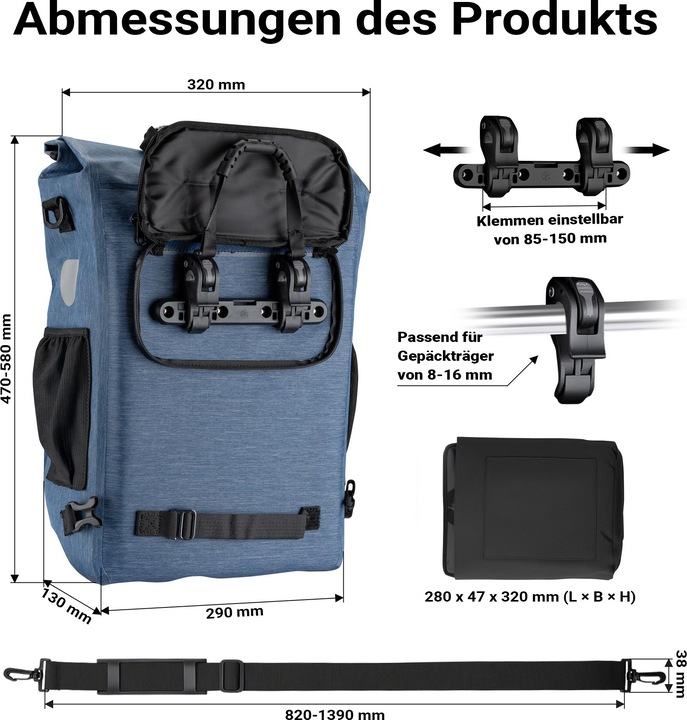 Produktbild Wiltec Gepäckträgertasche blau 20l Fahrradtasche Rucksack Gepäcktasche (20 l, Gepäckträgertasche)