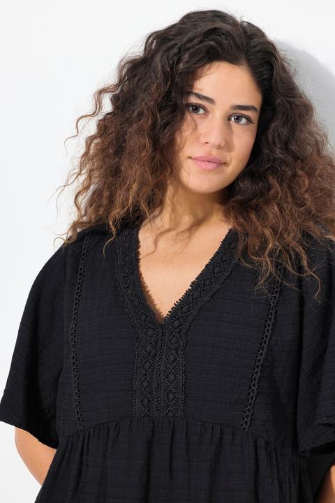 Image du produit Ulla Popken Robe midi en seersucker, coupe évasée, décolleté en V et manches courtes (50, 52)