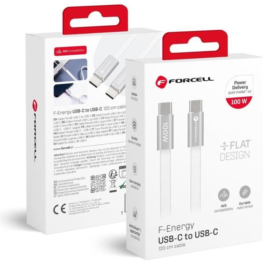 Forcell Cable Cable USB C to USB C F-Energy QC4.0 PD 5A 100W Cafule Flat 1,2m CCFN23 white (1.20 m, 100 W), Cavo USB