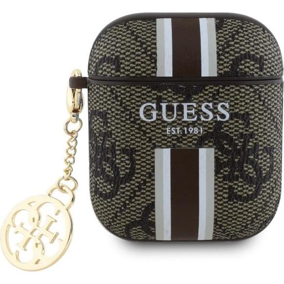 Guess GUA2P4RPSW AirPods 1/2 cover brązowy/brown 4G Printed Stripes Charm (Kopfhörer Hülle), Kopfhörertasche + Schutzhül...