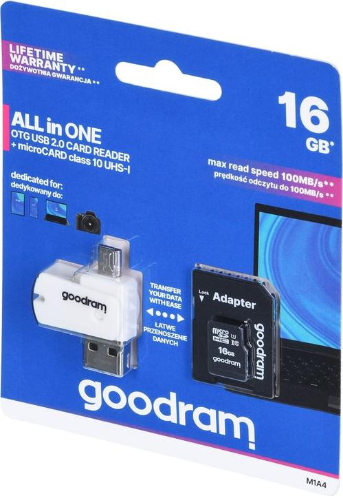 Actual product image Goodram M1A4-0160R12 memory card 16 GB MicroSDHC Class 10 UHS-I - High Capacity SD (Micr (16 GB, microSDHC, U1, UHS-I)