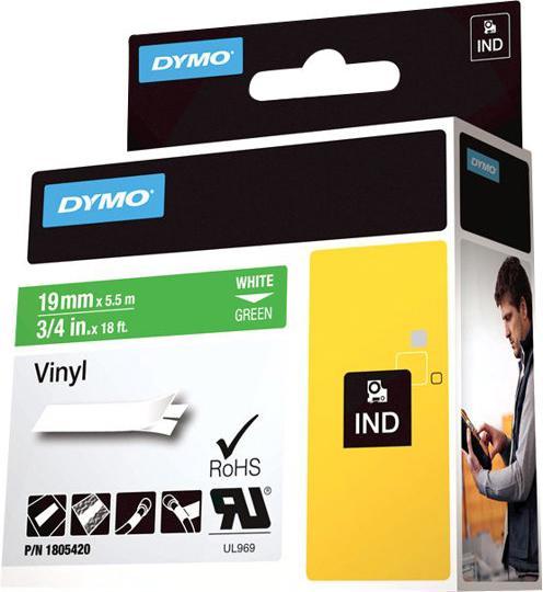 Produktbild Dymo Rhino 19mm weiß auf grün Vinyl (1.90 cm, Grün)