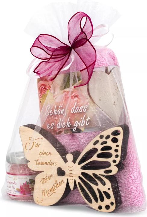 Produktbild ZNatur Geschenkset Zirben Holz Schmetterling mit Gravur Lieber Mensch Badesalz & Tuch No.39 (Körperpflegeset)