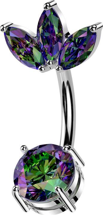 Actual product image Star Piercing Banane silber Blatt drei Ovale Kristalle dunkel multicolor und Kristall dunkel multicolor gefasst (Brass, Surgical steel 316L)