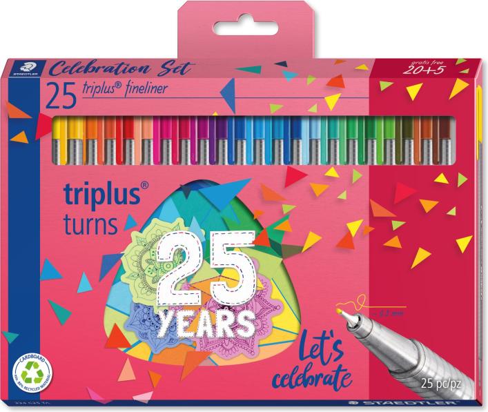Actual product image Staedtler Fineliner triplus, 20 + 5 Celebration set line width: 0.3 mm, triangular, DRY SAFE, barrel silver (25 colours, 1 x)
