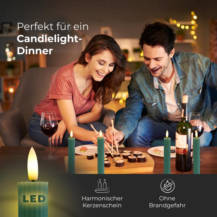 Actual product image Novaliv Stabkerzen LED mit Timer Grün 4 Stück Grün indoor - 6 Stunden - ECHTWACHS gerippt 23cm Höhe für (4 x)