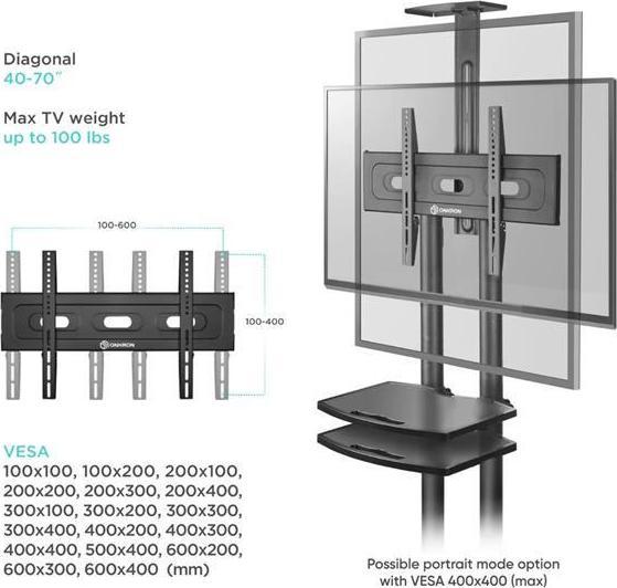 Image du produit Onkron TV mobilný stojan pre 40-70", police, výškovo nastaviteľný, čierny (70", 45 kg)