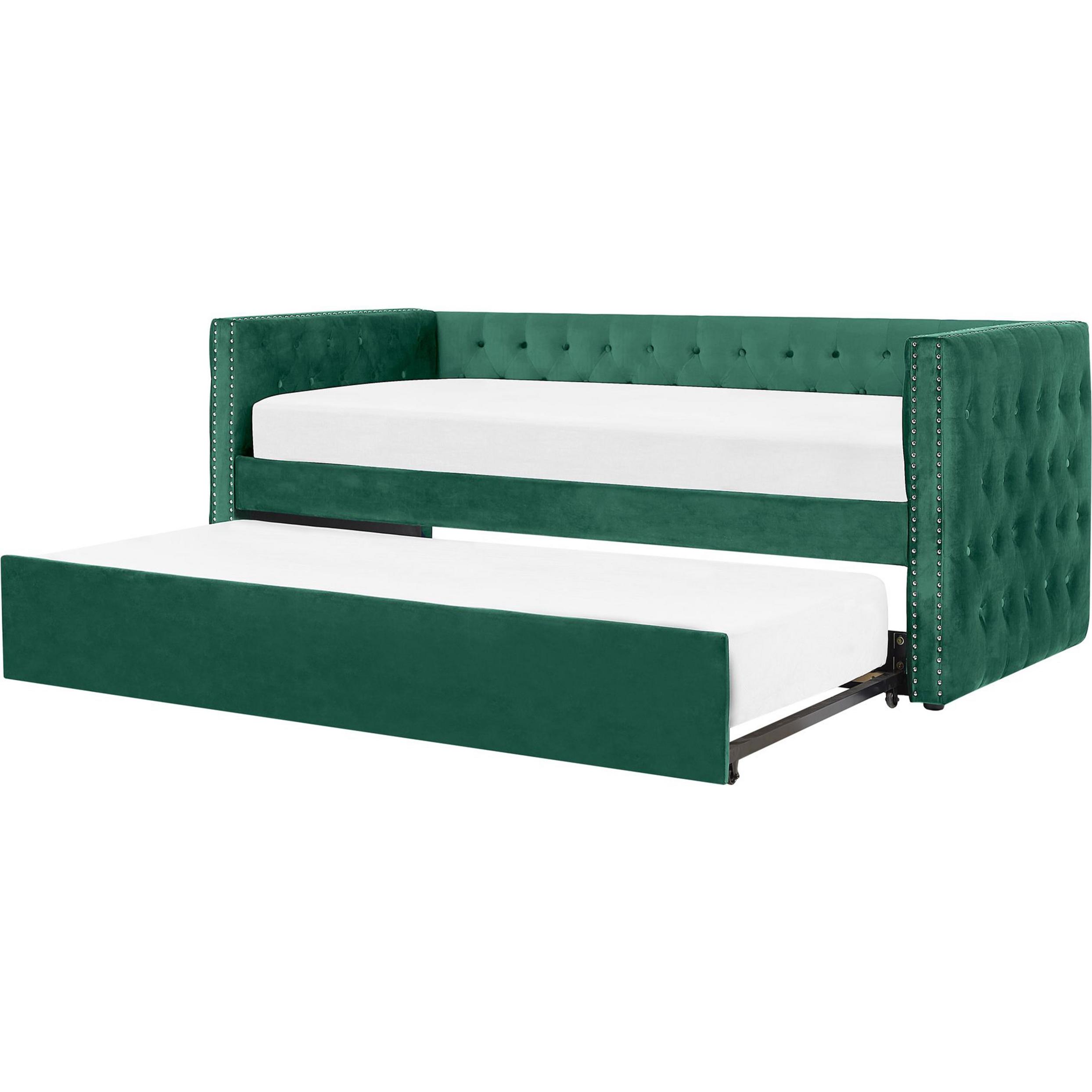 Beliani, Bett, Tagesbett ausziehbar Samtstoff grün Lattenrost 90 x 200 cm GASSIN (90 x 200 cm)