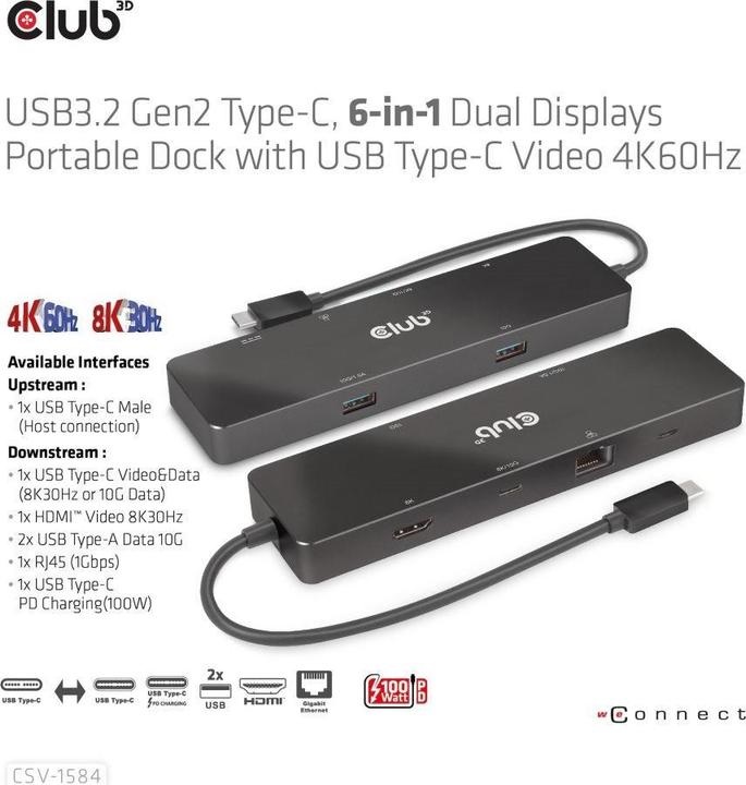 Actual product image Club 3D Club3D USB-C Dock > HDMI/USB-C(8K)/2xUSB/USB-C(PD100W)/RJ45 retail (USB-C, 6 ports)
