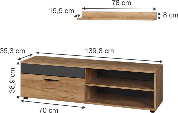 Produktbild Vicco Lowboard & Regal Berno, Goldkraft Eiche/Anthrazit, mit 1 Klappe