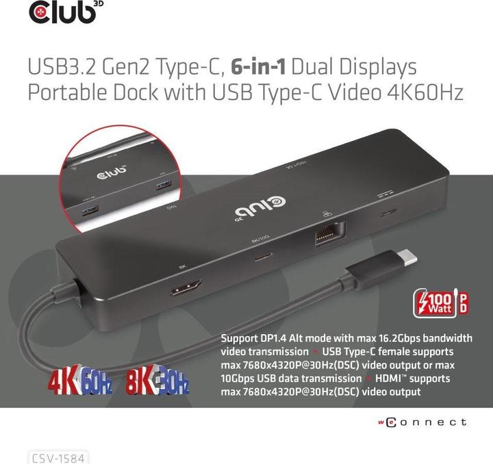 Actual product image Club 3D Club3D USB-C Dock > HDMI/USB-C(8K)/2xUSB/USB-C(PD100W)/RJ45 retail (USB-C, 6 ports)