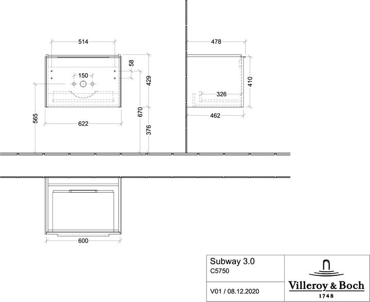 Actual product image Villeroy & Boch Subway 3.0, 622x429x478 mm, washbasin vanity unit, 1 drawer, C57502