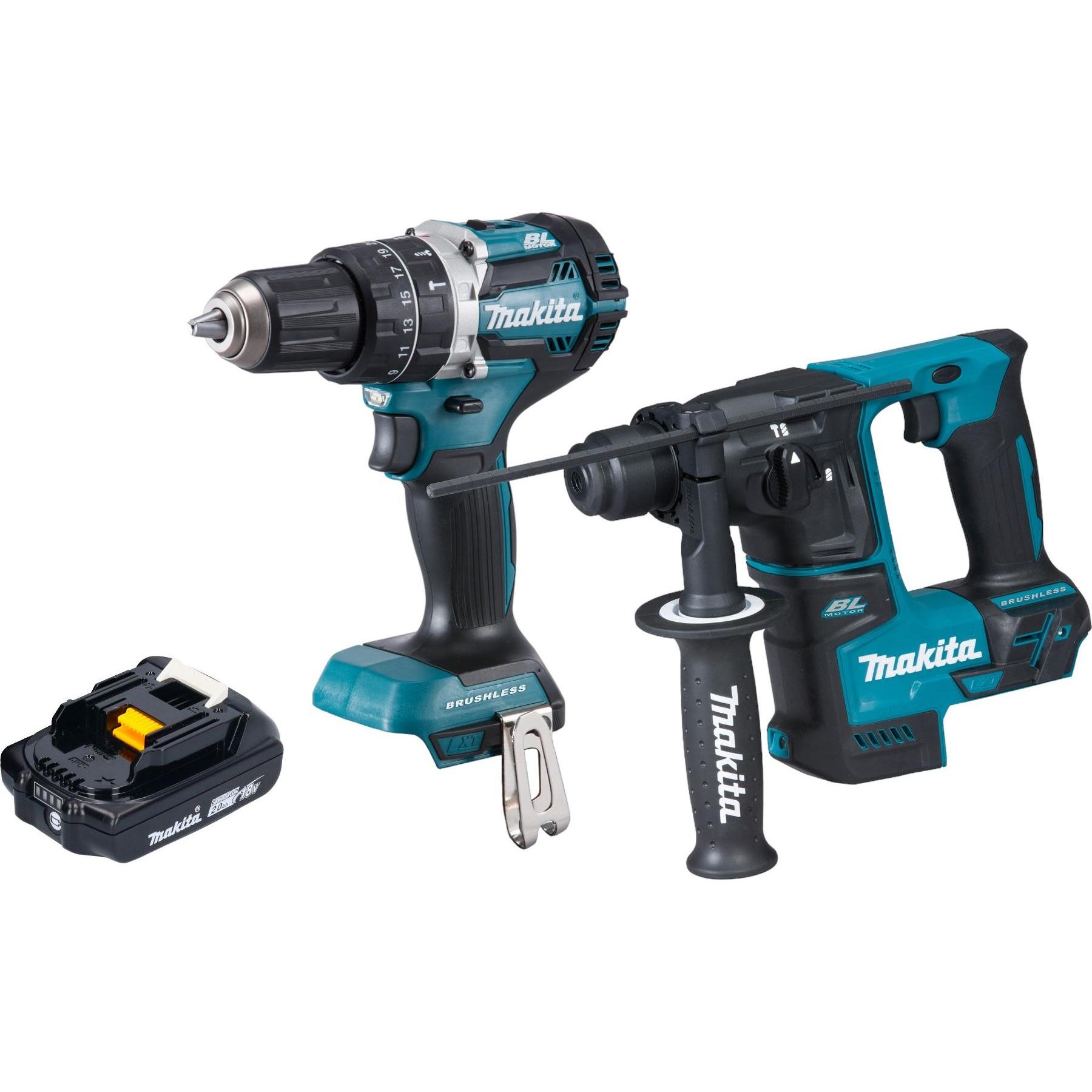 Makita, Bohrmaschine + Akkuschrauber, DLX 2278 A1 Akku Kombo Kit + DHP 484 Schlagbohrschrauber 54 Nm + DHR 171 Bohrhamme...