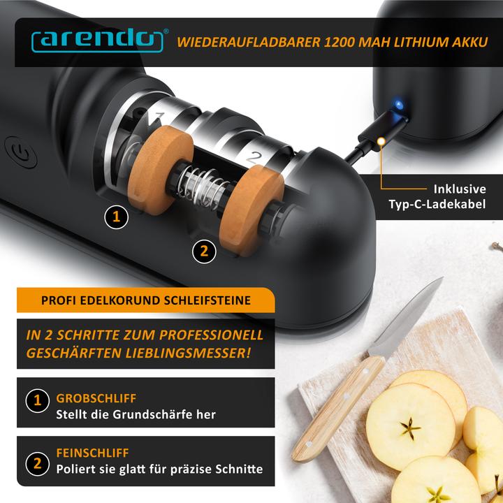 Arendo Messerschärfer elektrisch, Messerschleifer, 2-Stufen Grob- & Feinschliff, 1200 Ah Akku, USB-C laden