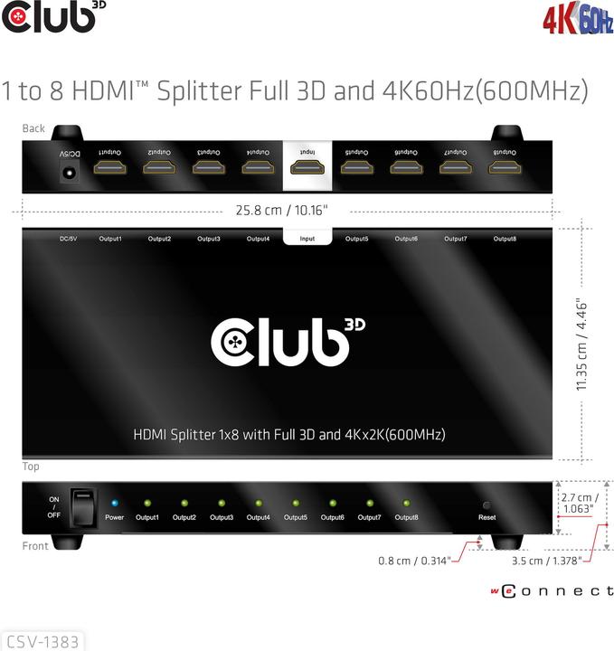 Produktbild Club 3D Club3D HDMI Splitter 1 Eingang -> 8 Ausgänge 4K60Hz UHD retail