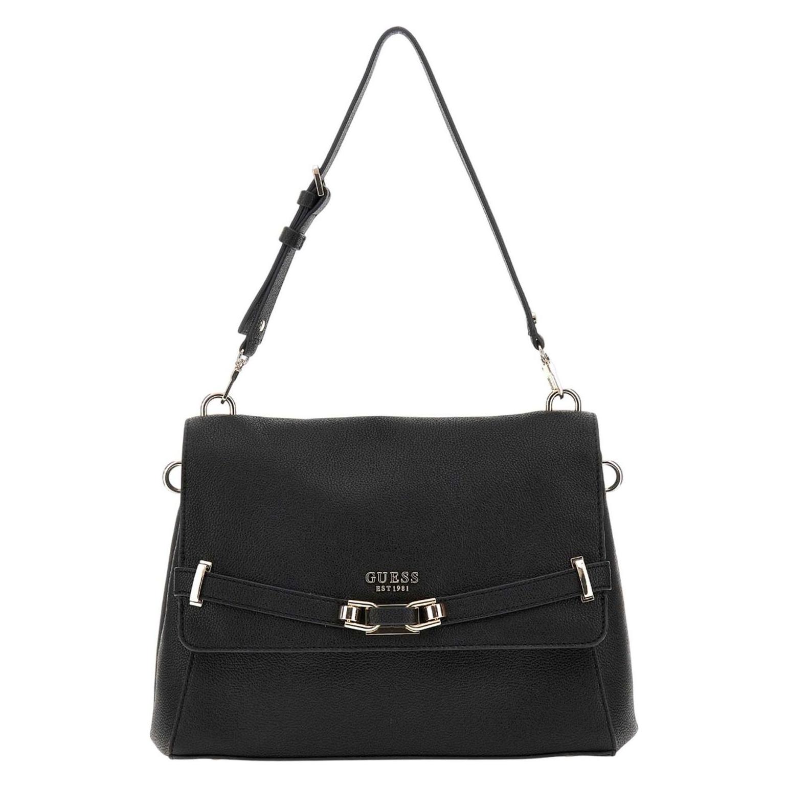 Guess, Damen, Handtasche, Schoudertas Silvye Flap Shoulder Bag Black Zwart, Schwarz