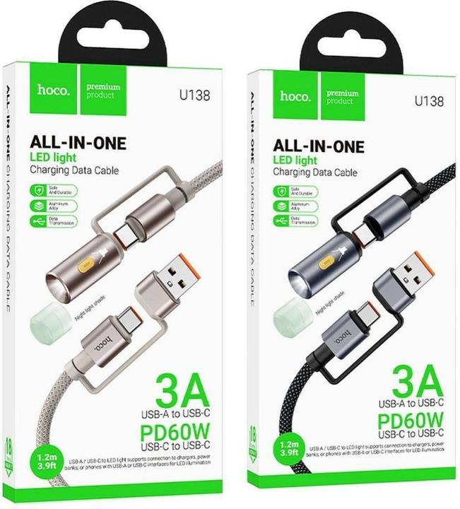 Produktbild Hoco Cable cable All-in-one USB A / Type C to Type C / LED Light 3A 60W U138 1,2 m black (1.20 m, USB 3.2 Gen 1, 60 W)