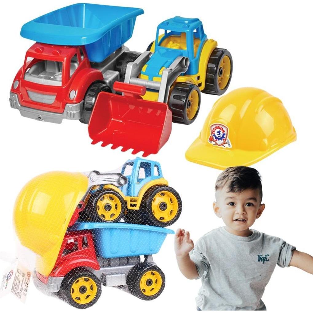 Technok Baufahrzeuge. Muldenkipper und Bagger + Helm