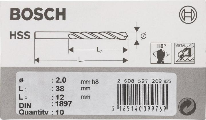Image du produit Bosch Professional Zubehör HSS Foret hélicoïdal métallique 2 mm A (2 mm)