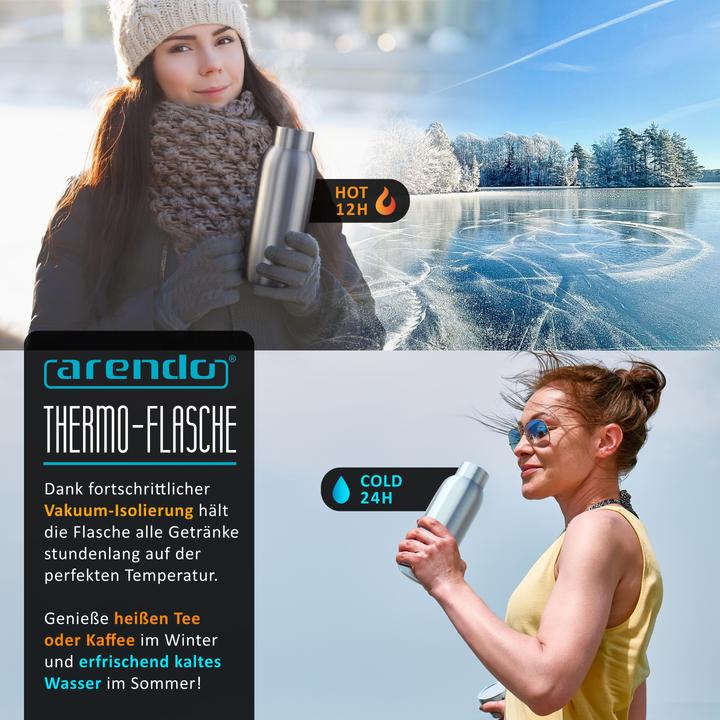Produktbild Arendo Thermosflasche 500ml, Isolierflasche Edelstahl, doppelwandig, Griff, Thermo Trinkflasche, BPA-frei (0.50 l)