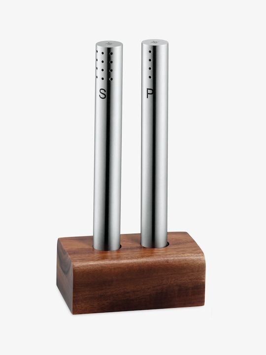 Produktbild WMF Salzstreuer und Pfefferstreuer Set 3-teilig Cromargan Edelstahl mattiert mit Holz-Ständer (Salz, Pfeffer)
