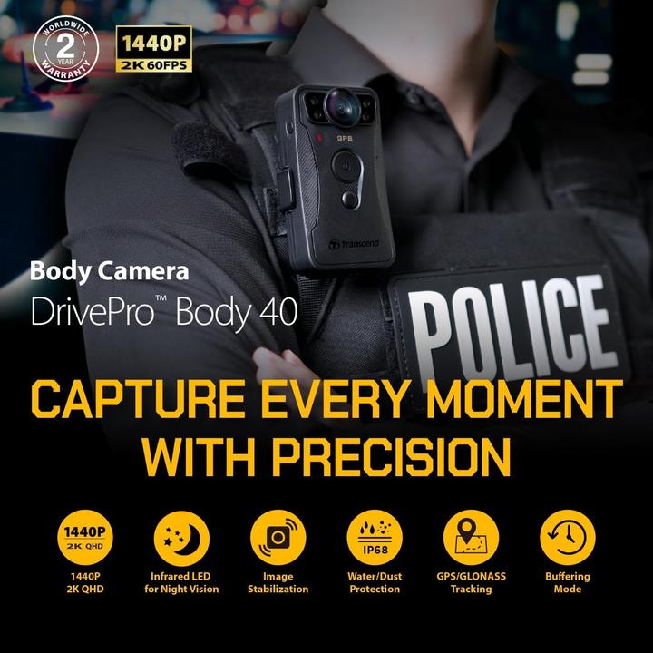 Actual product image Transcend Bodycam DrivePro 40 128GB 1440p,2K,QHD,60FPS (Bluetooth, Rechargeable battery, Wi-Fi, 2K)