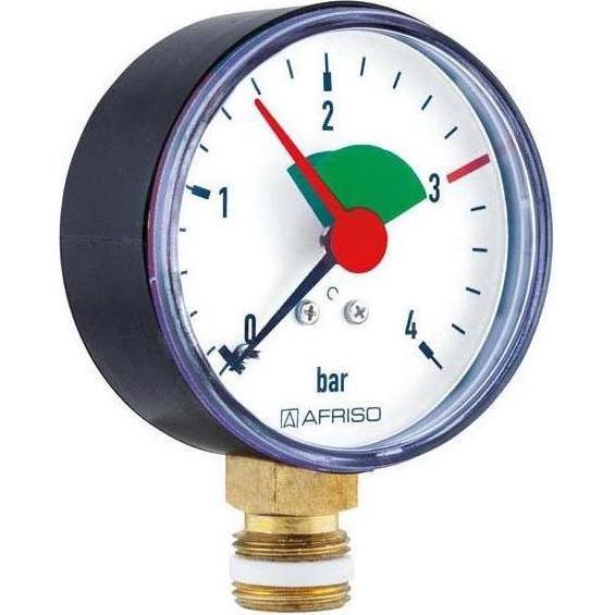 Afriso, Zubehör Sanitärinstallation, Rohrfedermanometer HZ 63 radial Gehäuse-d= 63mm, G 3/8 B, 0-4 bar