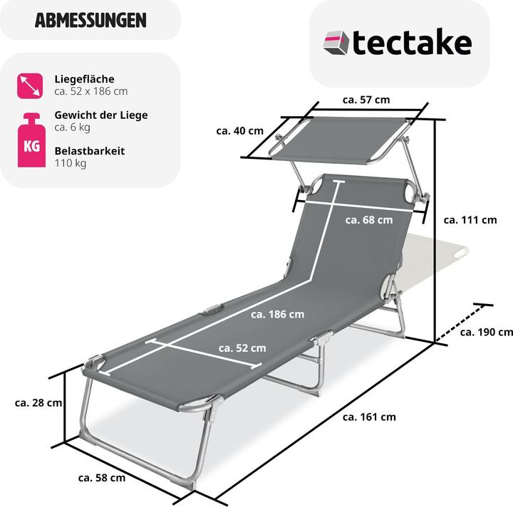 Immagine prodotto tectake lettino prendisole, regolabile in 4 posizioni (190 cm)