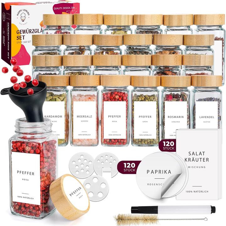 Produktbild Happy Lemuro 24-teiliges Gewürzgläser-Set mit Etiketten und Streueinsätzen (0.12 l)