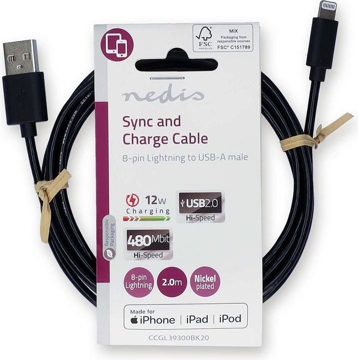 Actual product image Nedis Lightning Cable | USB 2.0 | Apple Lightning 8-Pin | USB-A Connector | 480 Mbps | Nickel-plated | 2. (2 m, USB 2.0, 12 W)